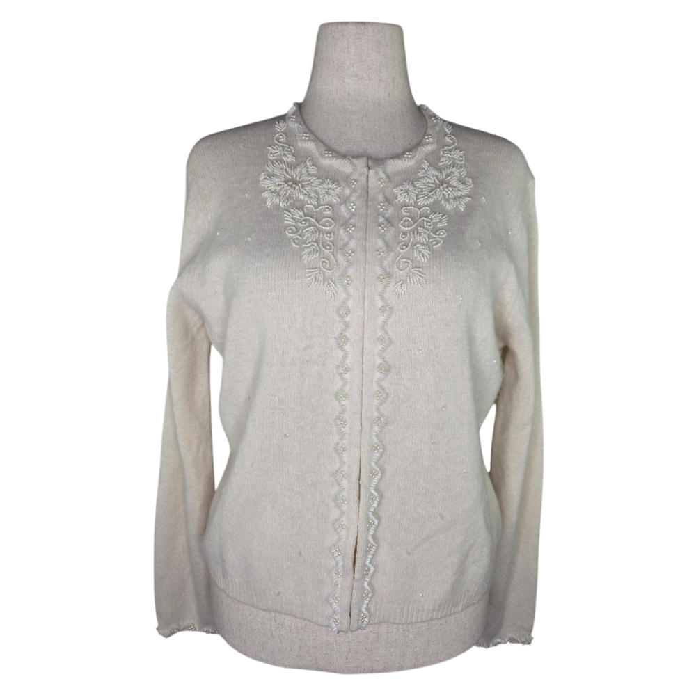 Vintage Jillian Jones Beaded Angora Wool Cardigan Ivory Hong Kong L